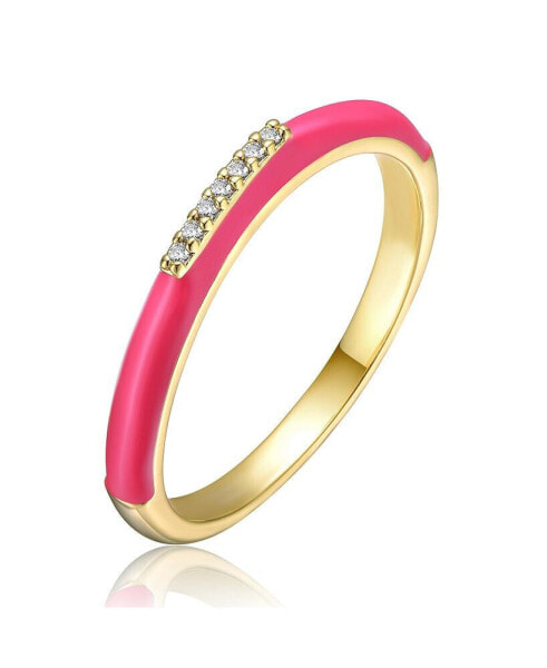 RA Young Adults/Teens 14k Yellow Gold Plated with Cubic Zirconia Pink Enamel Stackable Band Chevron Ring