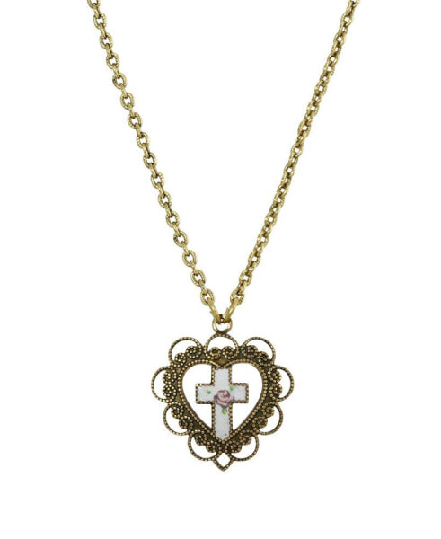 Symbols of Faith gold-Tone Heart with White Floral Cross Necklace
