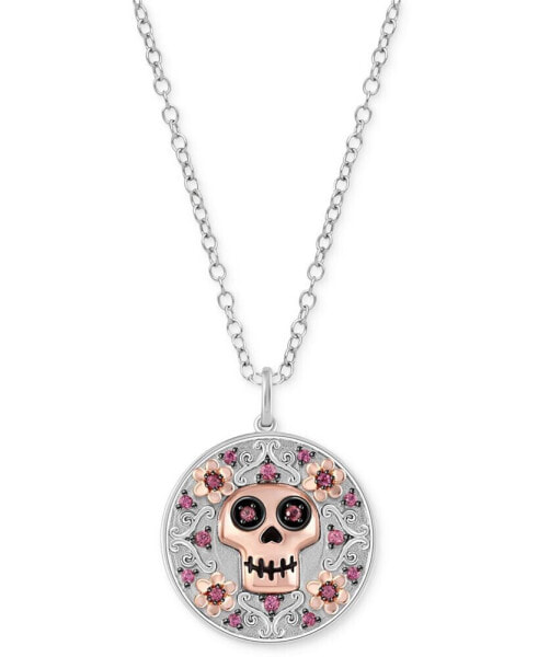 Rhodolite Coco-Inspired Skull & Flower Disc 18" Pendant Necklace (1/4 ct. t.w.) in Sterling Silver & Rose Gold-Plate