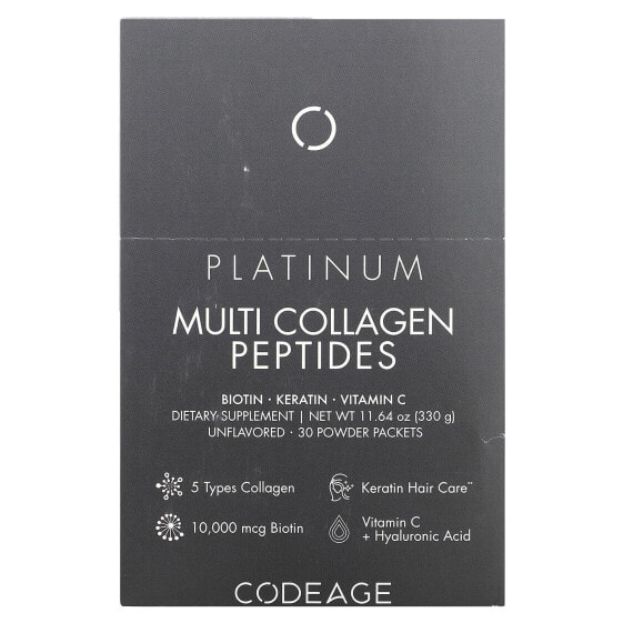 Codeage, Platinum, мультиколлагеновые пептиды, биотин, кератин, витамин C, нейтральный вкус, 30 пакетиков по 11 г (0,38 унции)