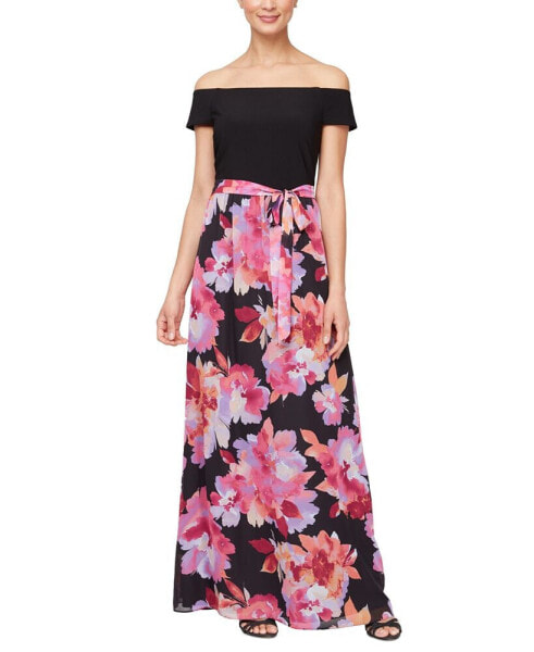 Women's Off-The-Shoulder Mixed-Media Maxi Dress