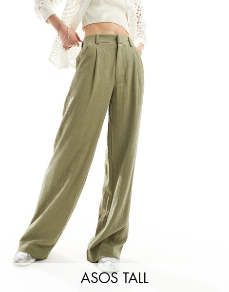 ASOS DESIGN Tall wide leg dad trouser with linen in olive