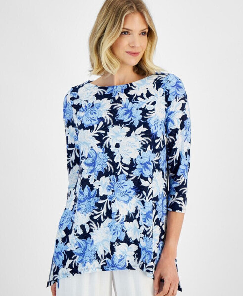 Women's Floral-Print Swing 3/4 Sleeve Top, Created for Macy's