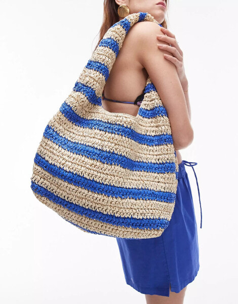 Topshop Tilly straw scoop shoulder bag in blue stripe