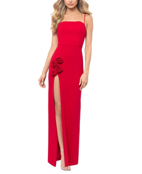 Juniors' High-Slit Rosette Sheath Dress