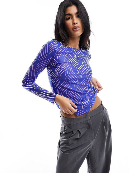 Pieces mesh textured top in burnout bright blue and pink