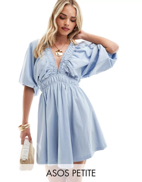 ASOS DESIGN Petite plunge elastic tea mini dress with ruched waist in baby blue