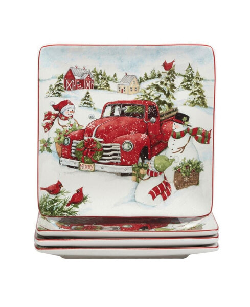 Red Truck Snowman 4 Piece Dinner Plate Set