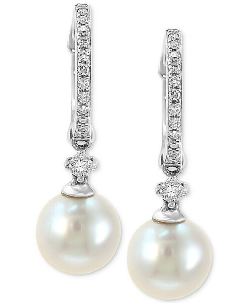 EFFY® Cultured Freshwater Pearl (7mm) & Diamond (1/6 ct. t.w.) Hoop Drop Earrings in 14k White Gold