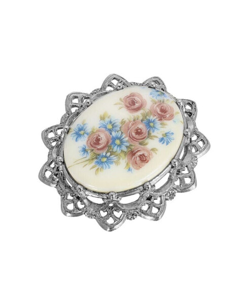 Glass Oval Floral Brooch
