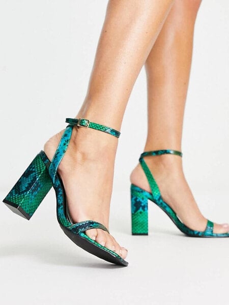 Raid Sabina mid heel sandals in blue and green snake print 