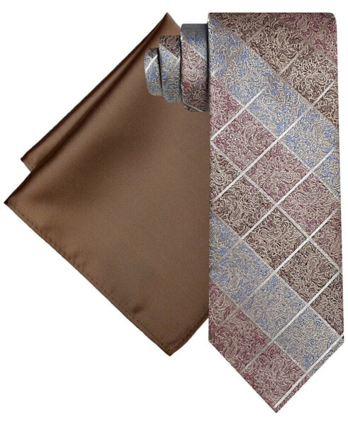 Men's Fancy Grid Tie & Solid Pocket Square Set