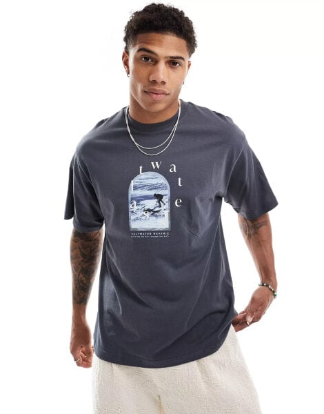 Pull&Bear saltwater printed t-shirt in dark grey