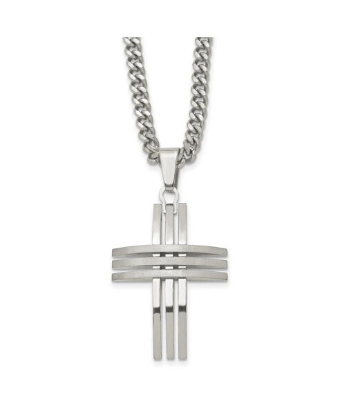 Brushed and Polished Cross Pendant on a Curb Chain Necklace