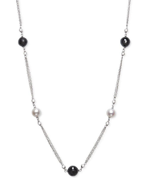 Cultured Freshwater Pearl (7-8mm) & Onyx Bead Statement Necklace in Sterling Silver, 18" + 2" extender, Created for Macy's