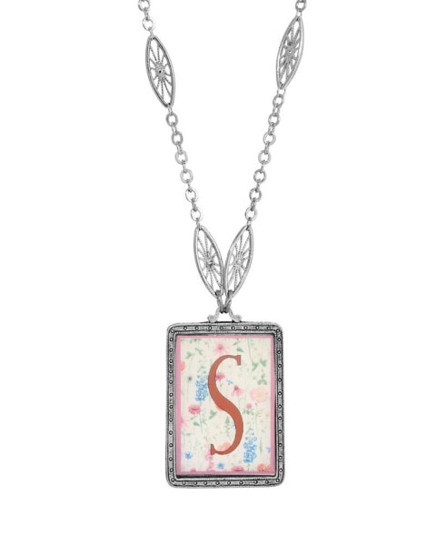 Initial A-Z Floral Rectangle Necklace