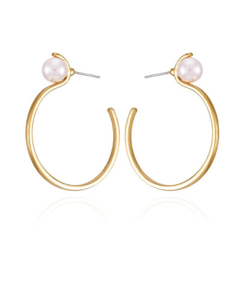 Gold-Tone Imitation Pearl Open Hoop Earrings