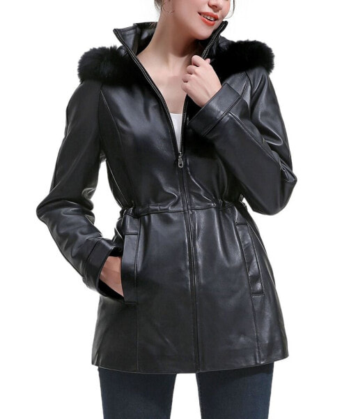 Women's Uzima Leather Hooded Parka Coat