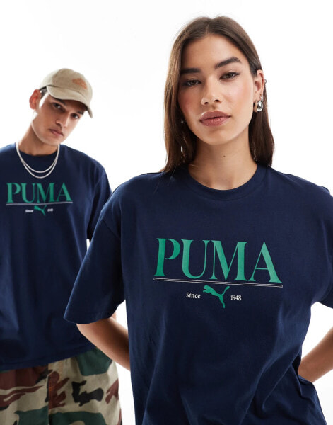 Puma Terrace central logo t-shirt in navy and green