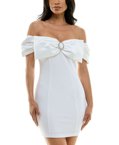 Juniors' Off-The-Shoulder Bow-Neck Bodycon Dress
