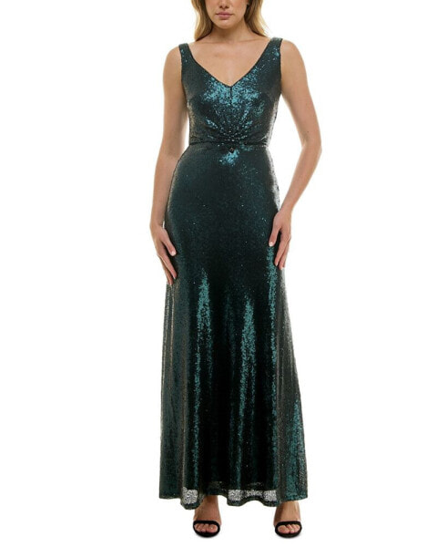 Women's Floral-Velvet Satin-Tie Square-Neck Gown