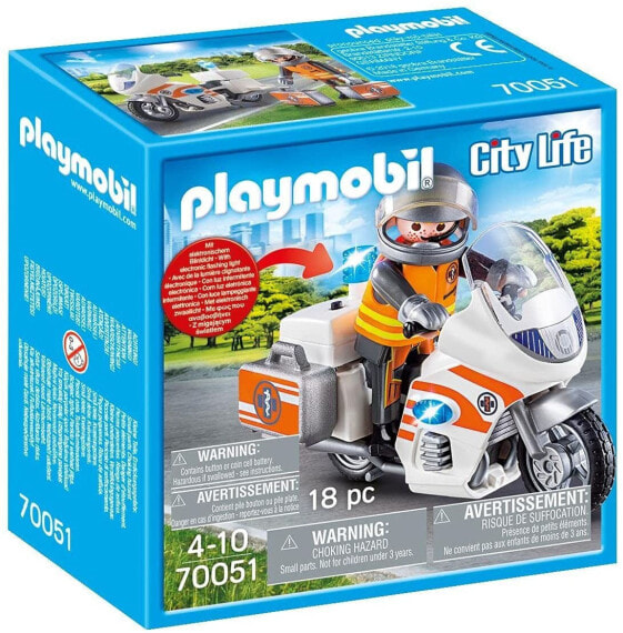 Игровой набор Playmobil 70051 City Life Emergency Motorcycle with Flashing Light, Multi-Coloured (Городская Жизнь: Экстренный Мотоцикл с Мигающим Светом).