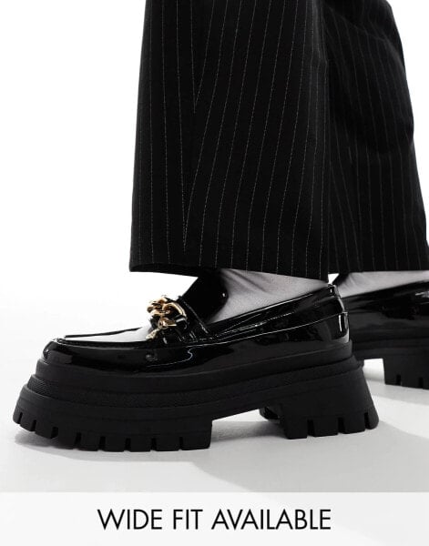 ASOS DESIGN chunky loafers in black with gold chain