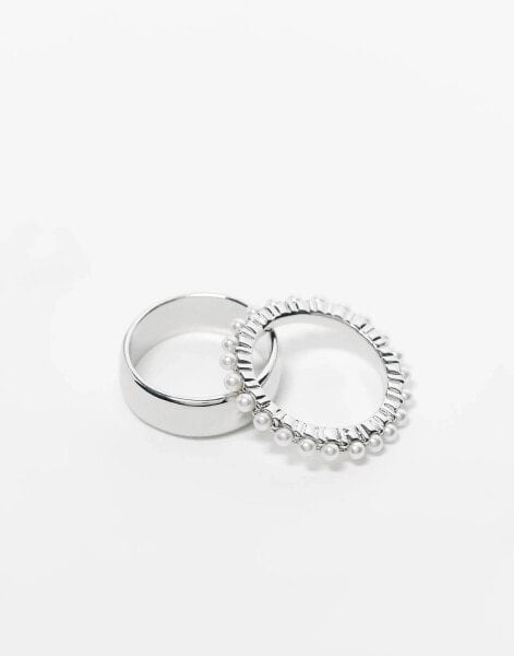 Faded Future band and pearl detail pack of 2 rings in silver