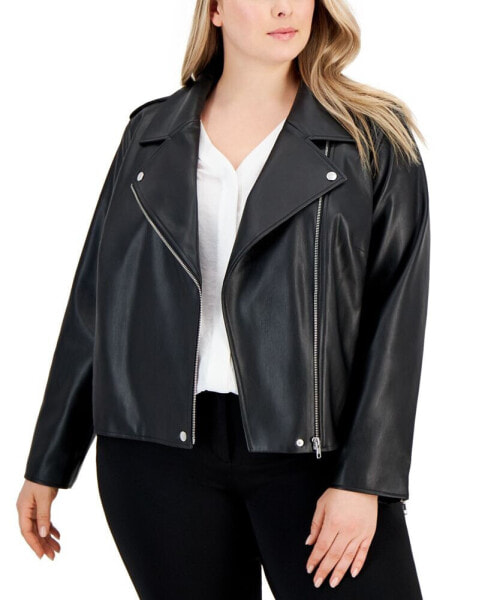 Plus Size Faux-Leather Moto Jacket, Created for Macy's