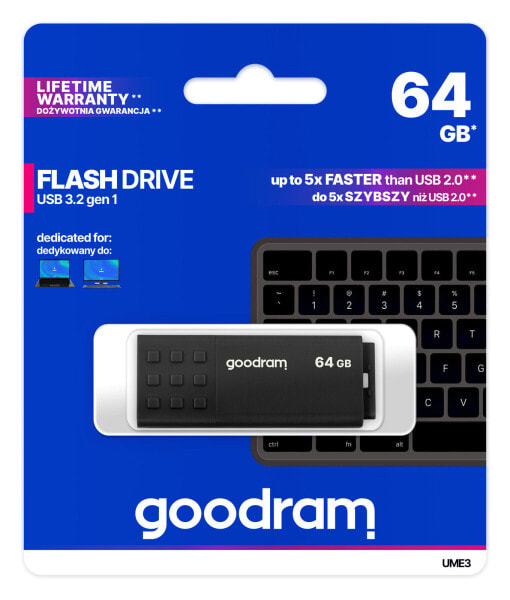 GoodRam UME3 - 64 GB - USB Type-A - 3.2 Gen 1 (3.1 Gen 1) - 60 MB/s - Cap - Black