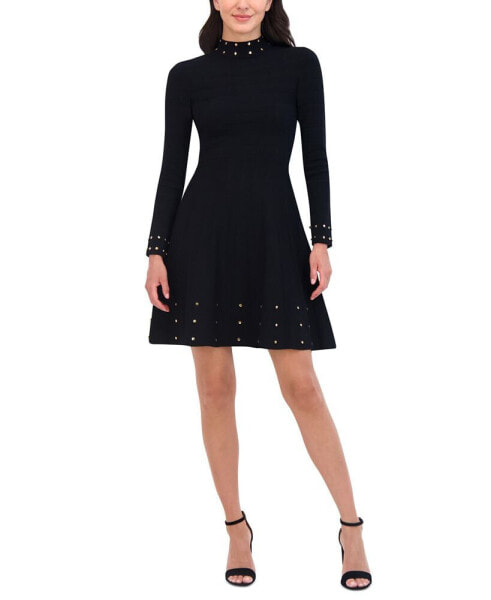 Petite Mock-Neck Embellished Fit & Flare Dress