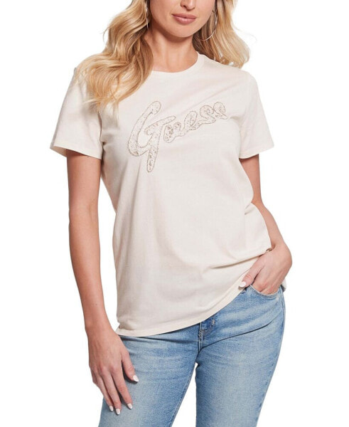 Women's Cotton Lace-Logo Short-Sleeve Easy T-Shirt