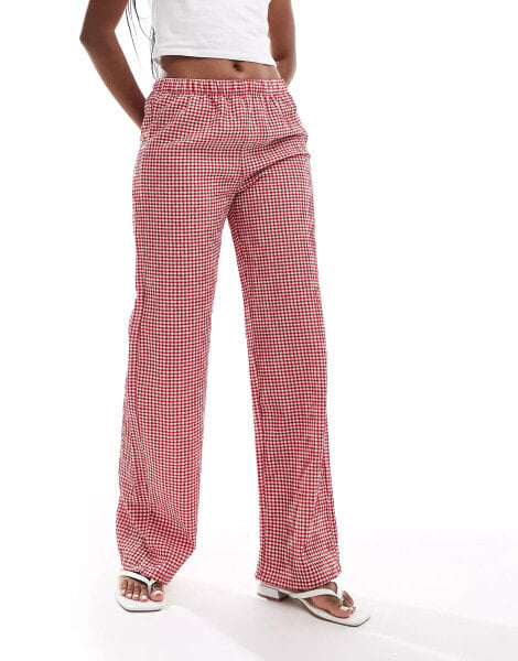 Pull&Bear pull on gingham check trousers in red