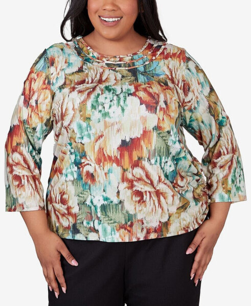 Plus Size Classic Earth Floral Crew Neck Top