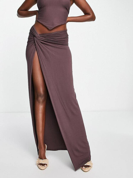 Naked Wardrobe knot side high split maxi skirt in espresso Naked