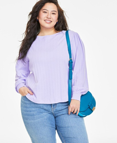 Plus Size Pointelle-Rib Long-Sleeve Top, Created for Macy's