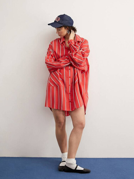 ASOS DESIGN oversized shirt dress with dropped pockets in red stripe