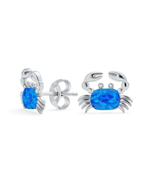 Small Blue Tropical Vacation Nautical Created Synthetic Opal Beach Sand Crab Stud Earrings For Women Sterling Silver