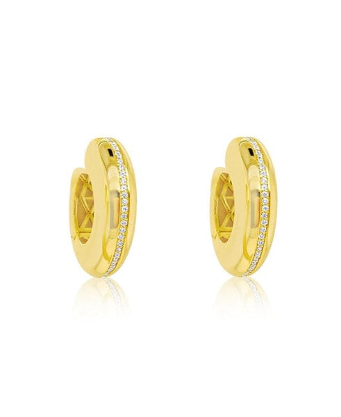 Yellow Gold Tone Chunky Hoops with CZ Stripe Earrings
