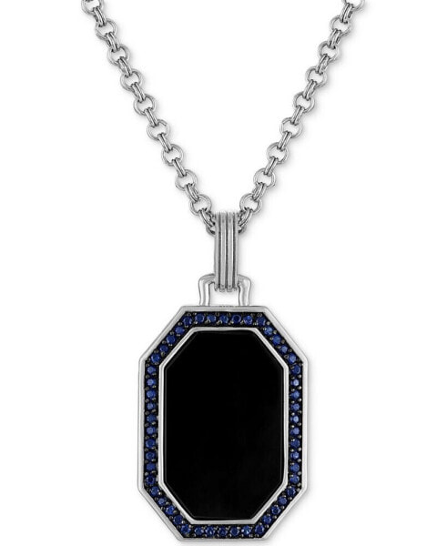 Onyx & Lab-Created Sapphire (1/2 ct. t.w.) Octagon Dog Tag 22" Pendant Necklace in Sterling Silver, Created for Macy's