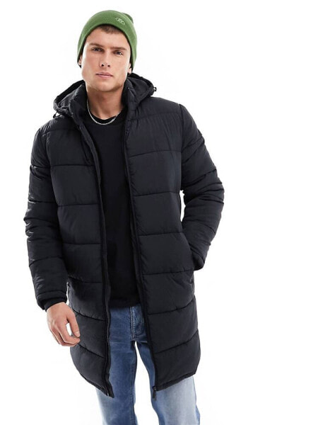 Selected Homme longline puffer jacket with hood in black