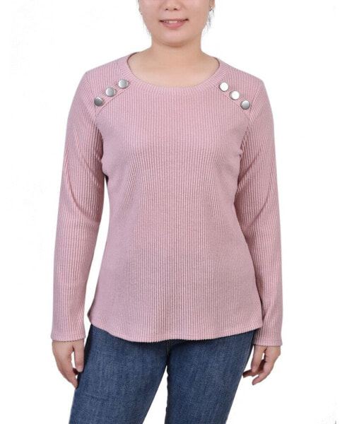 Petite Long Sleeve Ribbed Button Detail Top