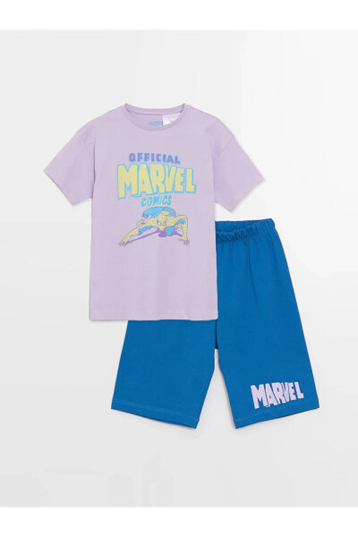 Bisiklet Yaka Marvel Baskılı Kısa Kollu Erkek Çocuk Şortlu Pijama Takımı