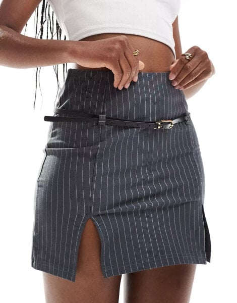 ASOS DESIGN belted mini skirt with belt in pinstripe