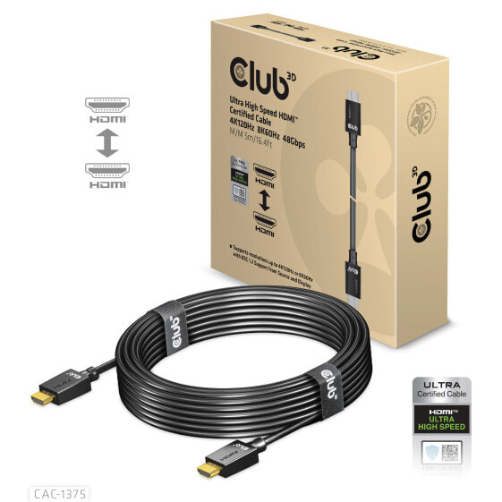 Club 3D Ultra High Speed HDMI™ Certified Cable 4K120Hz 8K60Hz 48Gbps M/M 5m/16.4ft - 5 m - HDMI Type A (Standard) - HDMI Type A (Standard) - 48 Gbit/s - Audio Return Channel (ARC) - Black