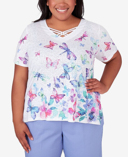 Plus Size Summer Breeze Butterfly Border Shirt Sleeve Top