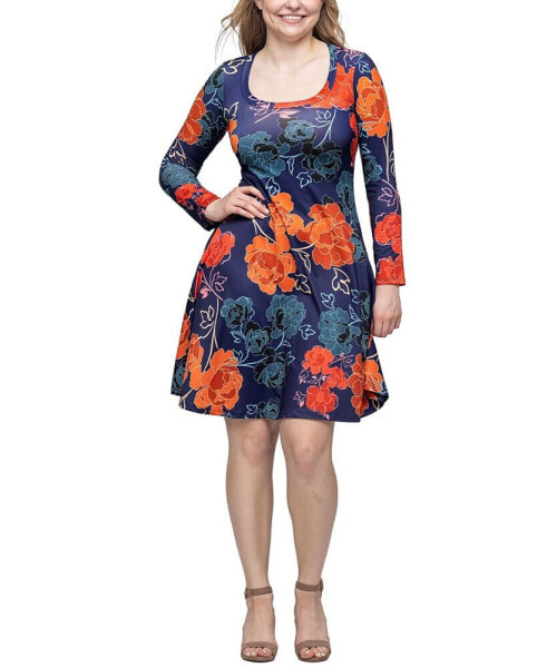 Women's Navy Floral Print Long Sleeve Knee Length Dress