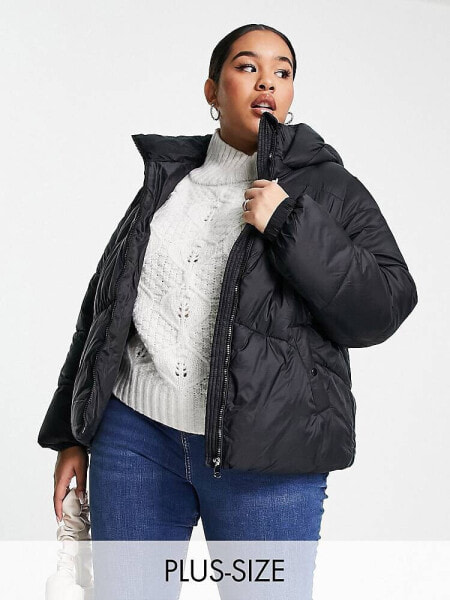 Vero Moda Curve padded coat with hood in black