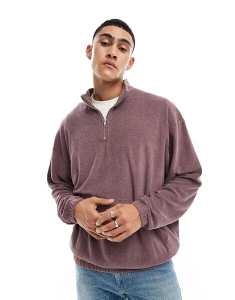 ASOS DESIGN oversized half zip towelling sweatshirt in washed brown mauve