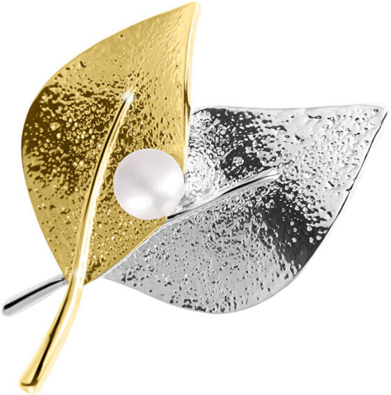 Bicolor brooch leaves 2in1 with right pearl JL0571